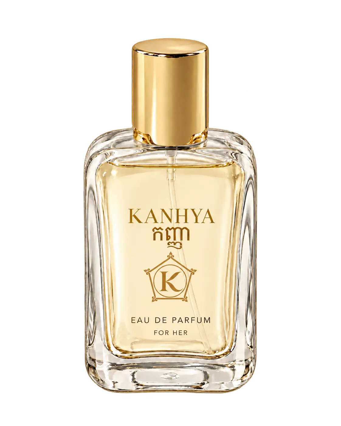 KANHYA Eau de Parfum bottle with Khmer lettering and the ornamental gold pentagon and circular K logo