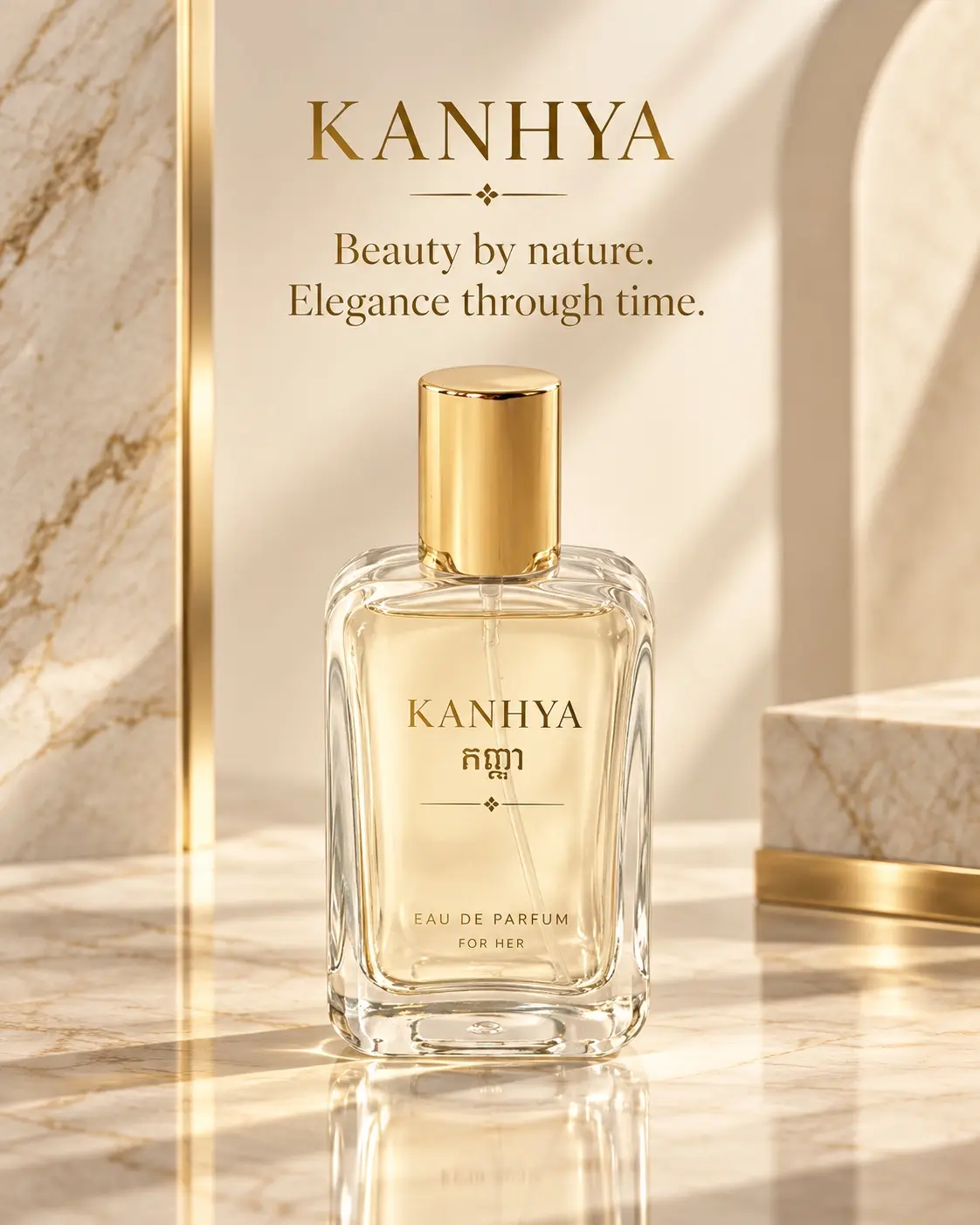 The first-batch KANHYA Eau de Parfum bottle in clear glass with a polished gold cap